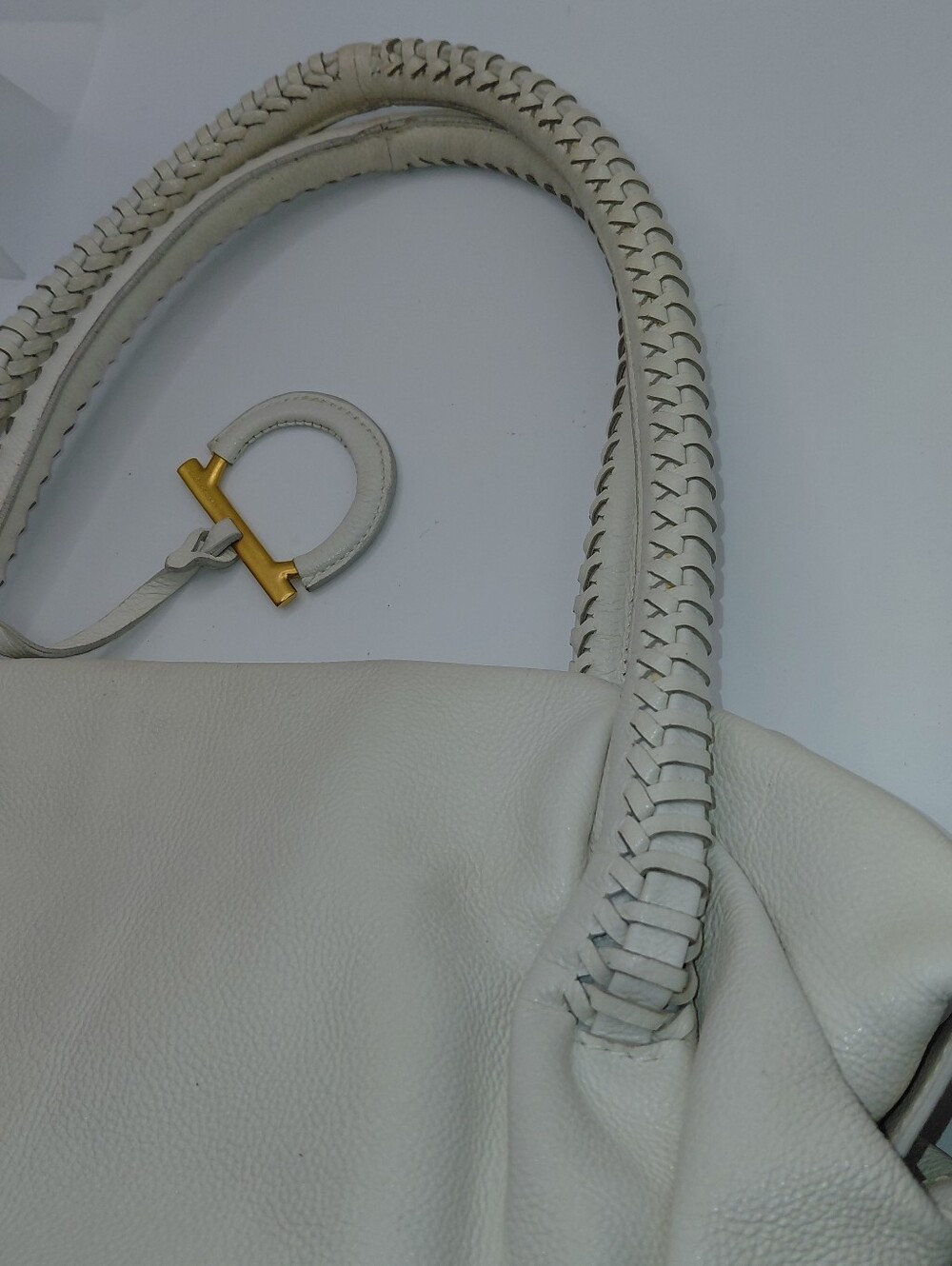 Ferragamo Gancini Satchel Tote Soft Off White Pebbled Leather! - Picture 16 of 16